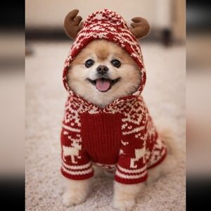 Red and White Reindeer Knit Dog Sweater XS/ S W Antlers New